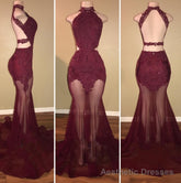 Burgundy Mermaid See Through Backless Tulle African Prom Dresses